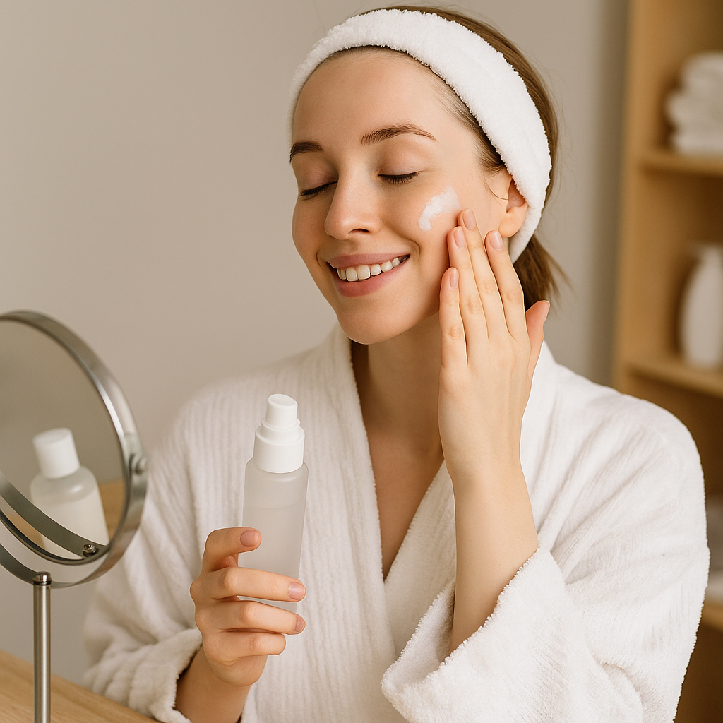 Rutina zilnica de ingrijire a tenului cu produse cosmetice si hidratare