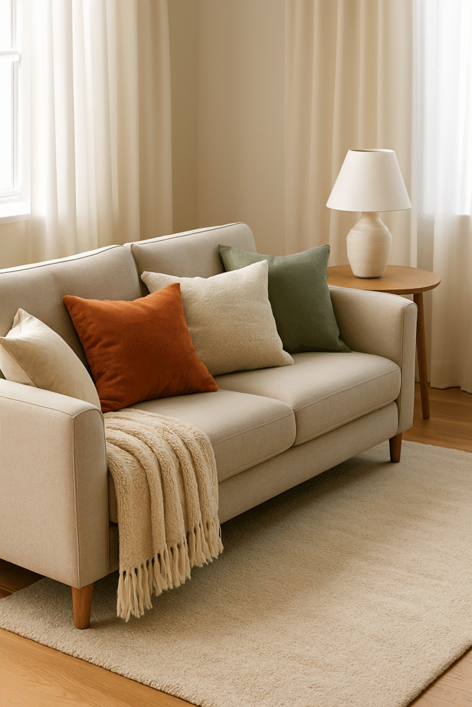 Textile decorative pentru living cu perne, covor moale și pături cozy