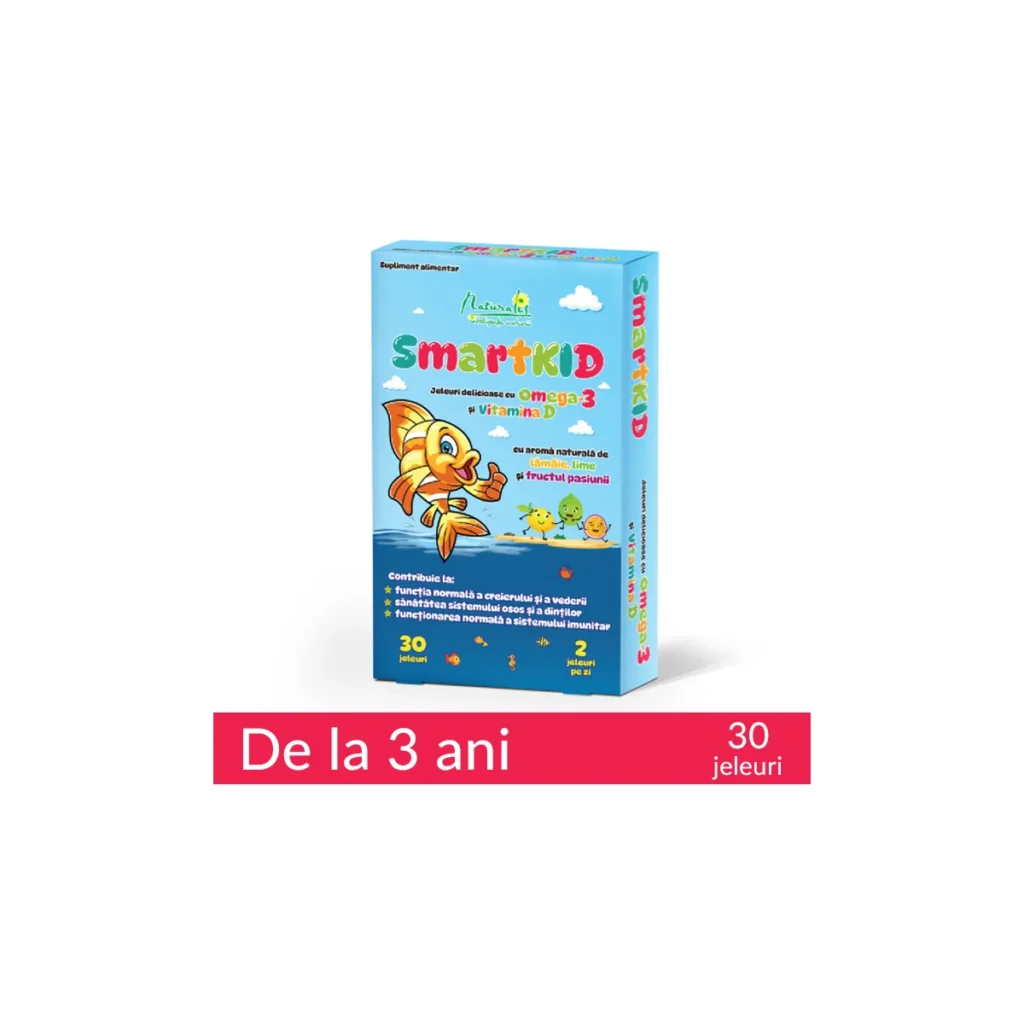 Vitamine pentru copii Naturalis SmartKid cu Omega-3 și vitamina D, jeleuri aroma fructul pasiunii.